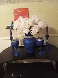 Royal Blue Vase, 2 Wine Glasses. 2 Candleholders With LED Candles 
