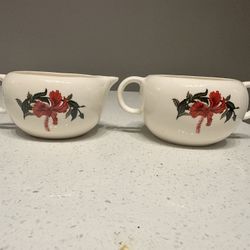 Vintage Crooks China “Flamingo” Creamer & Sugar Bowl – Discontinued Pattern – Red Hibiscus
