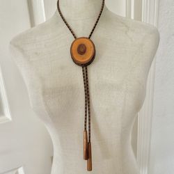 Handcrafted Wood Slice Bolo Tie with Braided Leather Cord