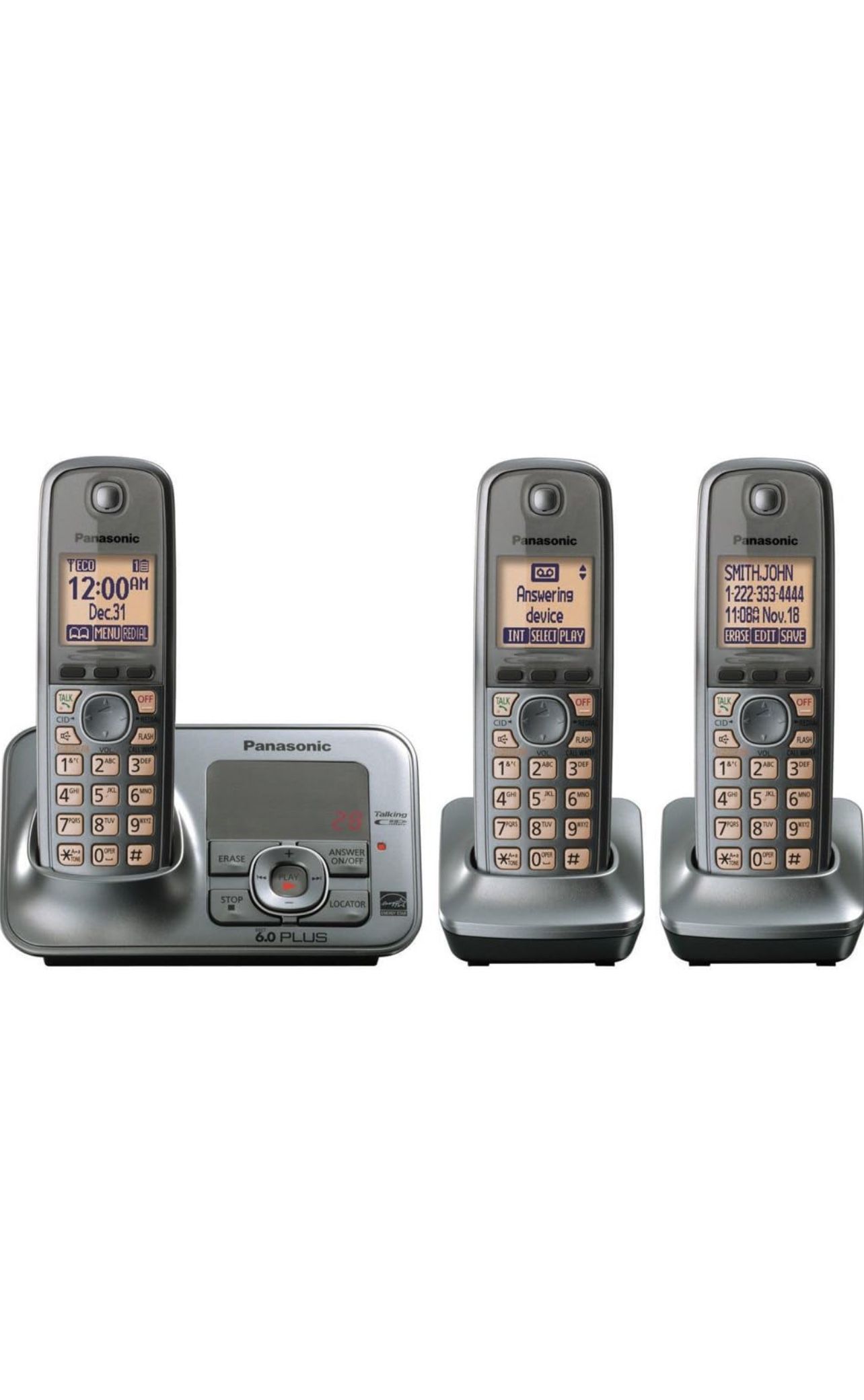 Panasonic KX-TG4131 DECT 6.0 Cordless Phone with Answering System, Metallic Gray, 3 Handsets