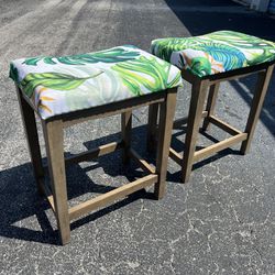 $50 for both! Two Grey Wooden Reupholstered Monstera Retro Counter Stools Chairs! Good condition! 19x13x24in