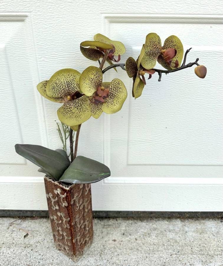 Ceramic Vase With Faux Moth Orchid Ornate Decor Accent