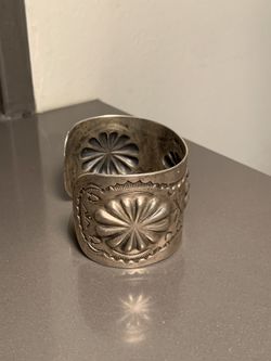 Item #913R- Xlg Wide Navajo Stamped Symbols Repousse Sterling Silver Cuff Bracelet by V&C Hale —Men's and Women's Sterling Silver and Gold Bracelets