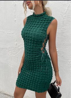 Green Textured Sleeveless Mini Dress