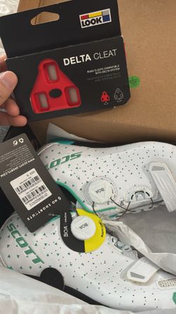 Women’s Scott BOA Road Bike Shoes Size 7.5 Never Worn White/Green + Look Delta Cleats NIB