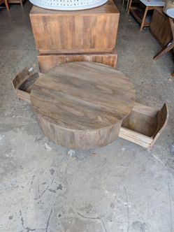 Mango wood two drawer round coffee table
