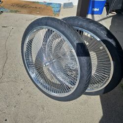 26"X3 Polished Fat Tires Rims 140 Spokes Wheel Set Coaster Brake 75mm Front Disc W/TIRES 