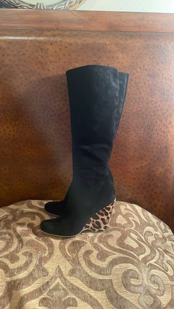 Giuseppe Zanotti Black Suede Mohair Animal Print Wedge Boots.