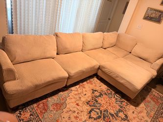 Beige Corduroy Sectional Sofa with Chaise