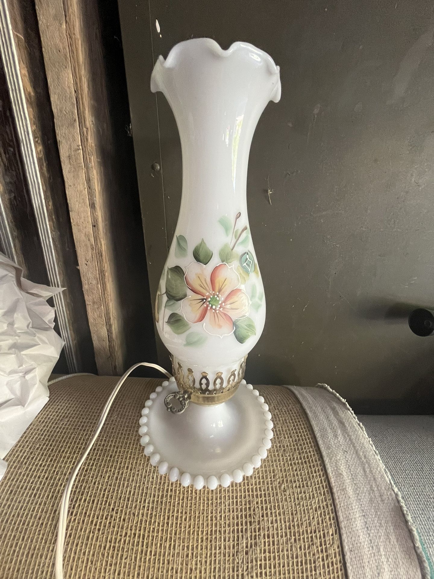 Vintage White Milk Glass Hand Painted Flowers Round Bottom Fingerloop Brass Lamp