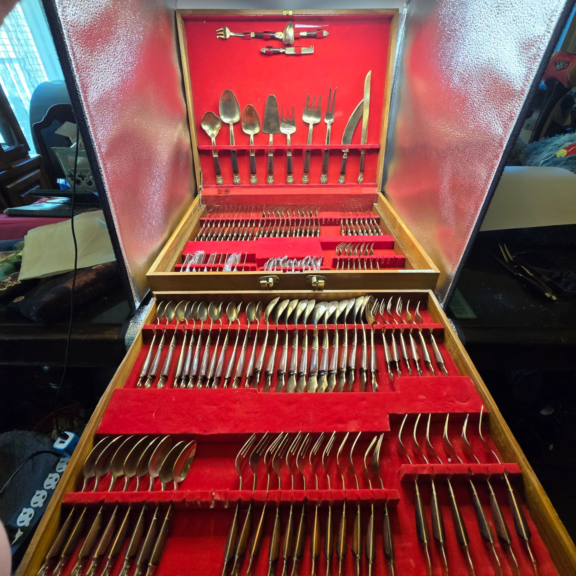 Vtg 1960s Thai Solid Nickel Bronze Utensils 130 pcs (17pcs Factory Sealed) &Case
