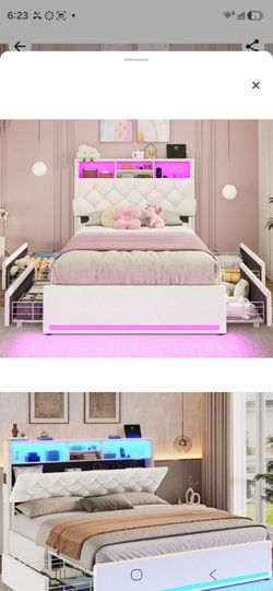 Upholstered Platform Bed with LED Lights and Storage