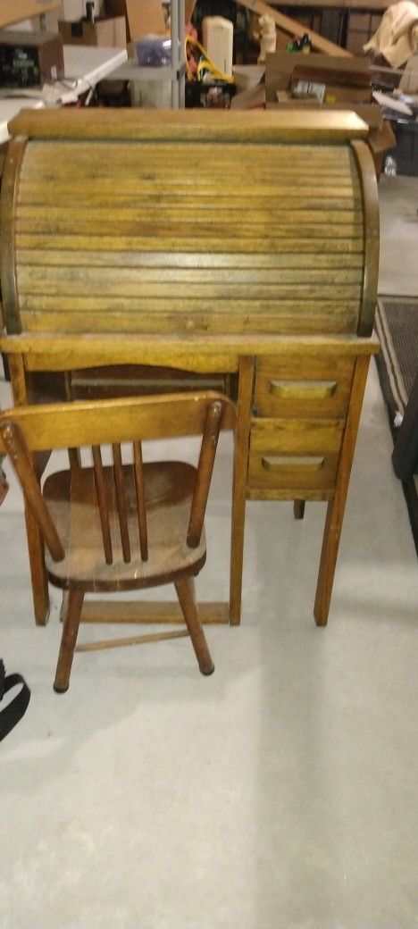 Child's Antique Oak Roll Top Desk Set