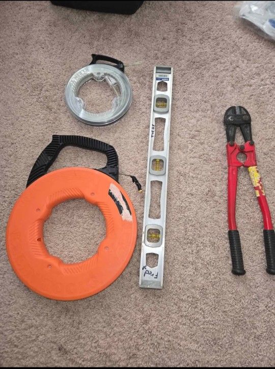 fish tape, level, and cutter