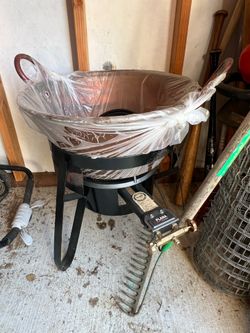 Copper deep fryer setup with burner. Cazzo for chicharrones or carnitas.