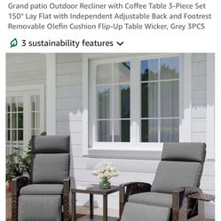 Grand patio Outdoor Recliner with Coffee Table 3-Piece Set 150° Lay Flat with Independent Adjustable Back and Footrest Removable Olefin Cushion Flip-U