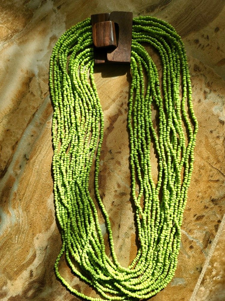 Green Turquoise Necklace With Decorative Wood Carved Closure from Bali