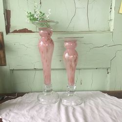 Pier 2 Pink With Gold Glass Pillar Candle Holders 15 & 12 In