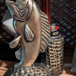 Brass Bass Fish Statue Figurine & Lighter Desk Caddy Man Cave Patina Vintage 