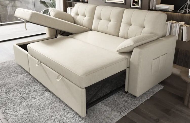 Convertible Sofa Bed W/ Chaise Lounge And Storage