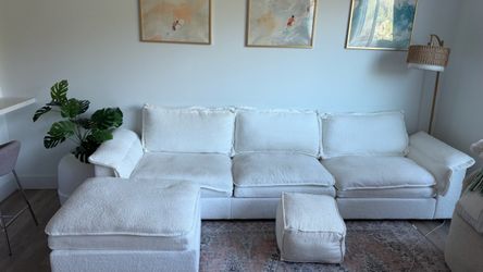 White Boucle Sectional Sofa/Couch with Ottoman