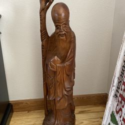 Wood Statue Shou Xing Chinese 3 Feet Tall
