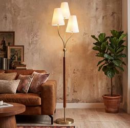 64.96" Height 3-Head Floor Lamp with Linen Fabric Shades, Natural Rubberwood Handle