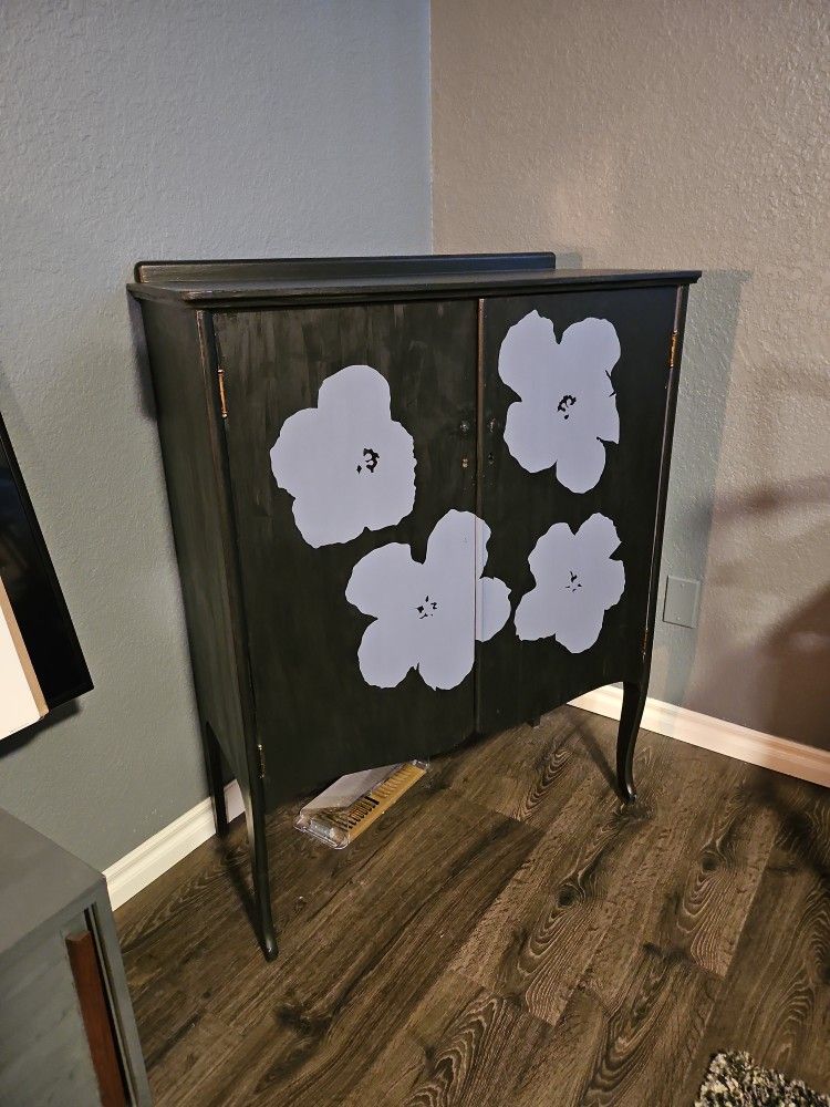 Antique Sheet Music Cabinet Painted With Andy Warhol Flowers