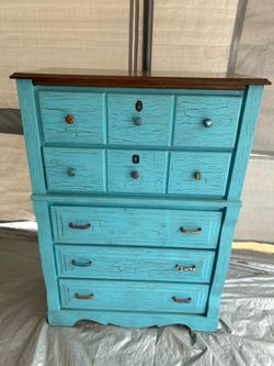 Stunning Turquoise Crackle Finish Tallboy Chest of Drawers / Boho Rustic Dresser