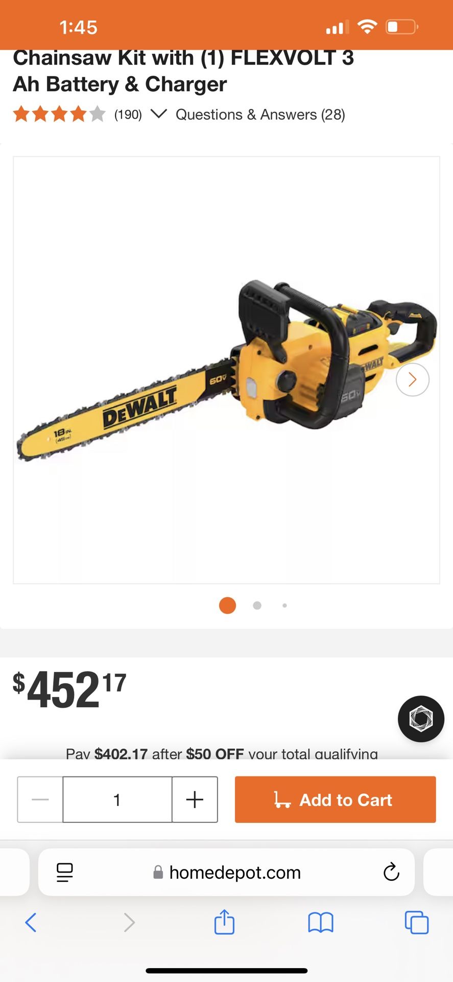 De Walt Chain Saw 16” Flex Volt