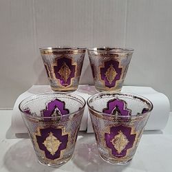 Vintage MCM Glasses 4pc CULVER Moorish Design 22K Gold Purple Hollywood Regency