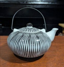 Pier 1 Hand Painted Porcelain Akina Black White Stripe Decorative Tea Pot Kettle
