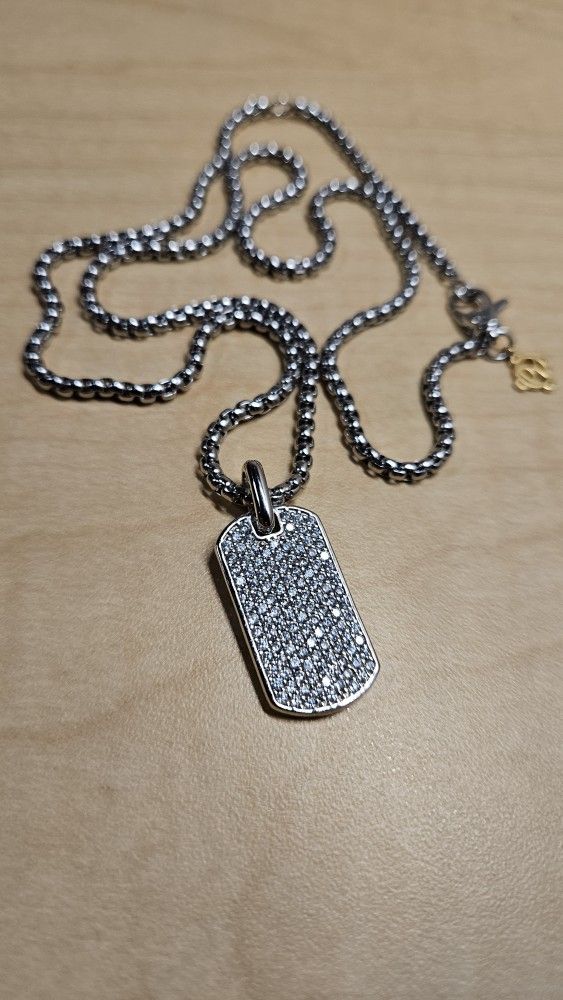 David Yurman Sterling Silver Dog Tag Pendant & Chain – 20" (Preowned, Excellent Condition)