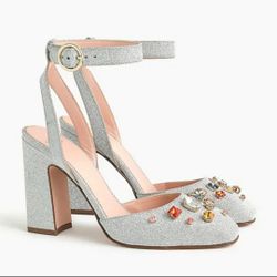 J CREW Harlow Ankle Strap Pumps Block Heels Embellished Glitter 10