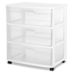Sterilite Wide 3-Drawer Storage Cart, Plastic Rolling Cart with Wheels to Organize Clothes in Bedroom, Closet, White with Clear Drawers