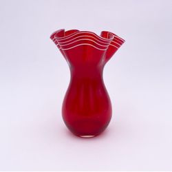 Unique Hand Blown Red Blown Glass Vase White Applied Swirl Handerkerchief Edge