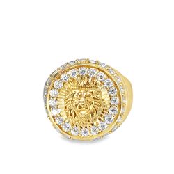 Yellow Gold Lion Signet Ring with Round Brilliant Cut Diamonds