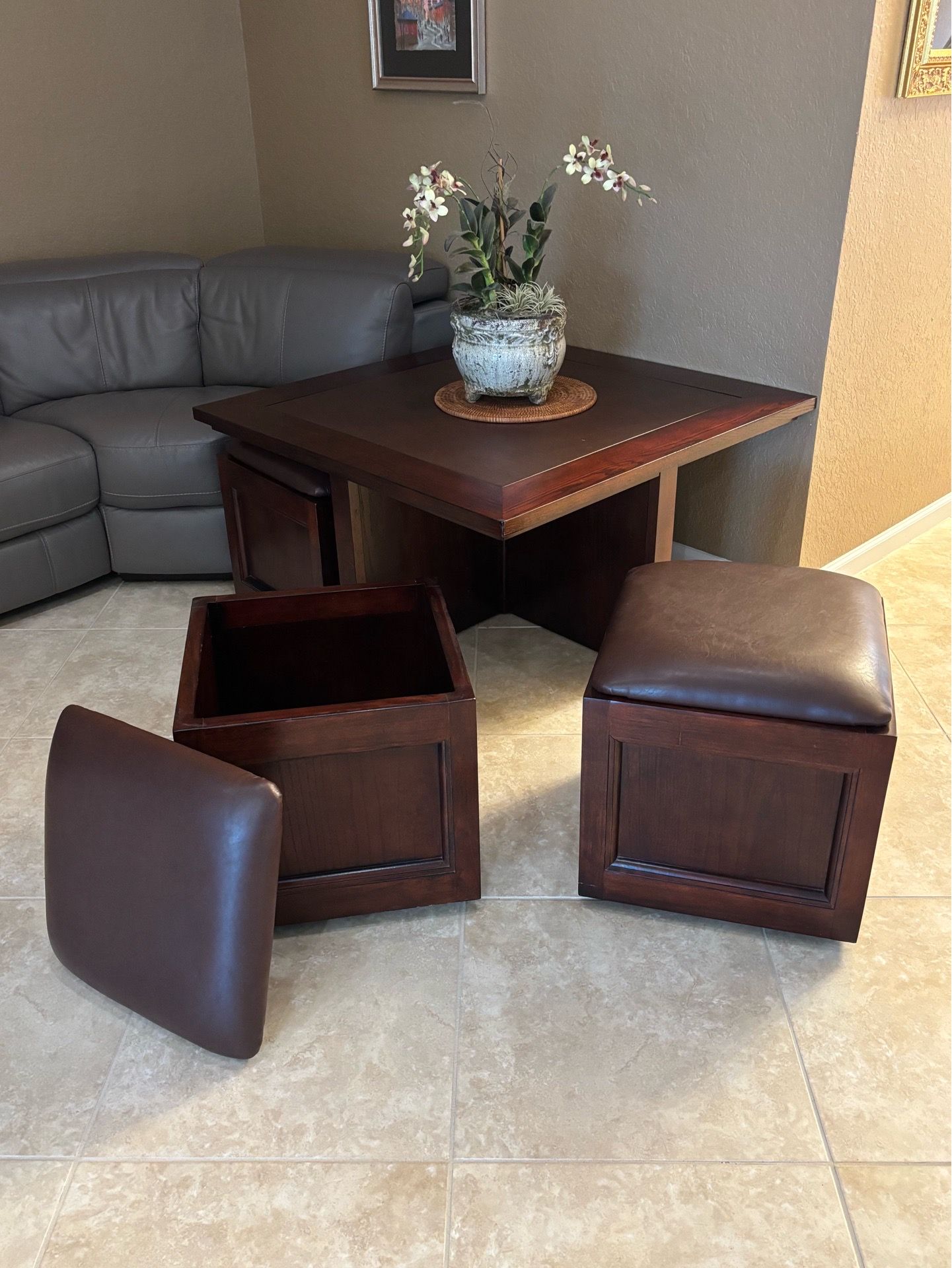 Square Coffee Table w/ 4 Storage Ottomans