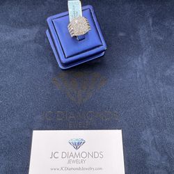 Ring Big Engagement Diamonds Round And Baguett 10k Gold 