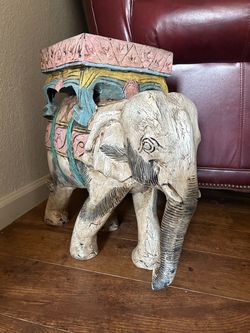 Vintage Hand Carved Wooden Elephant Plant Stand Stool Rustic Folk Art 18" Tall
