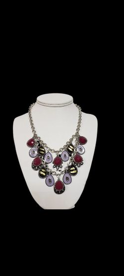 NWOT Premier Designs Violet Purple Necklace Antiqued Silver Reversible Boho