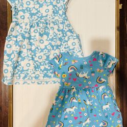 Wonder Nation 2 Pack Girl’s 2T Blue Short Sleeve Dresses: White Floral & Pink, White, & Yellow Magical Unicorn, Rainbow, Butterfly, & Flower Theme