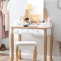 Makeup Vanity Set, Makeup Dressing Table Set with Frameless Mirror for Makeup, 5 Drawers and a Removable Storage Box, Cushioned Stool, Natural & White