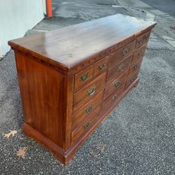 Vintage Long Wood Dresser with 12 Drawers and Large Hanging Mirror