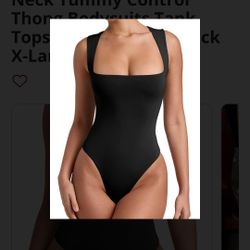 REORIA Women's Square Neck Black Bodysuit Tank Top Size XL Thong Tummy Control