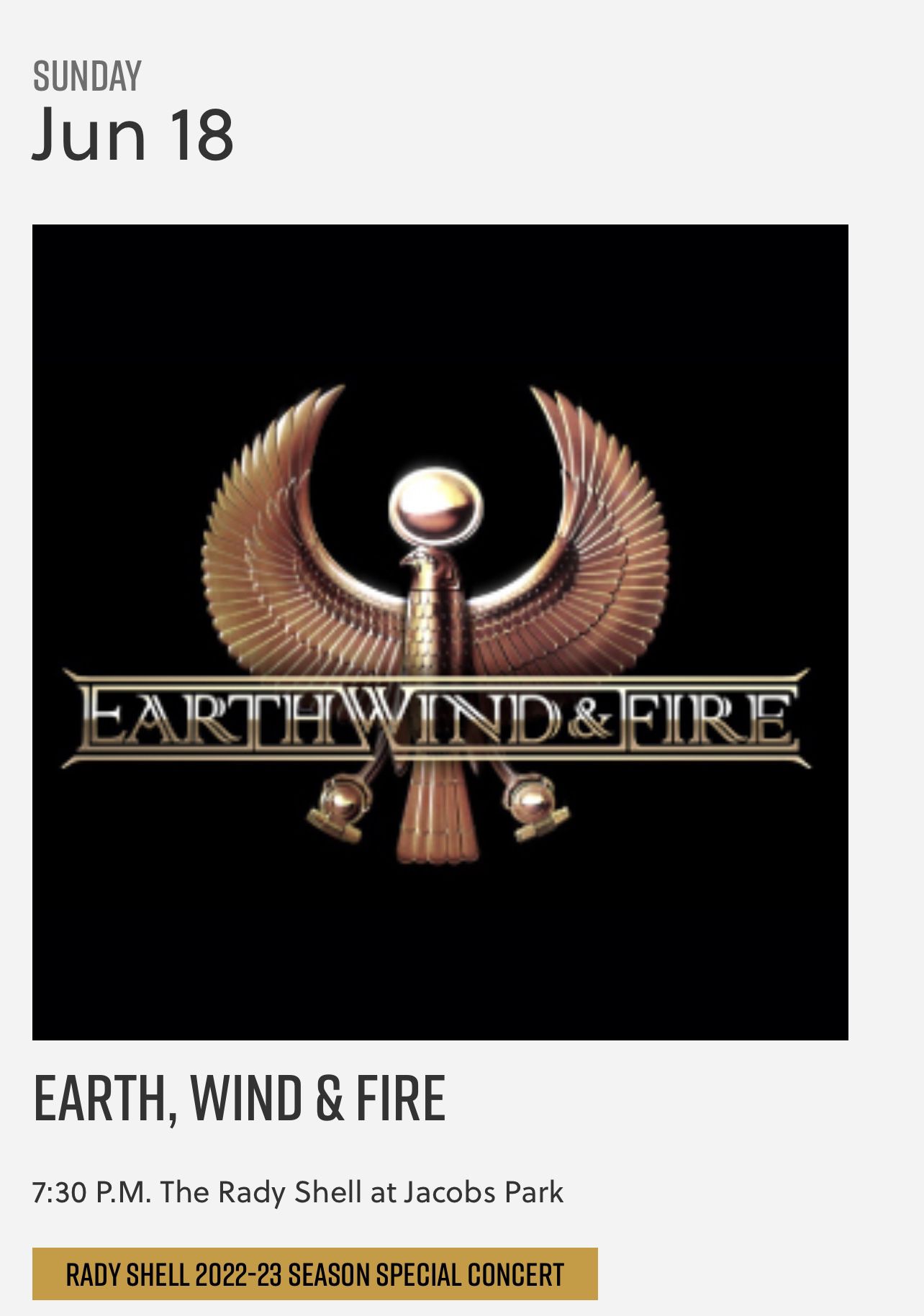 4 Tix Earth, Wind, & Fire Concert Rady Shell 6/18 
