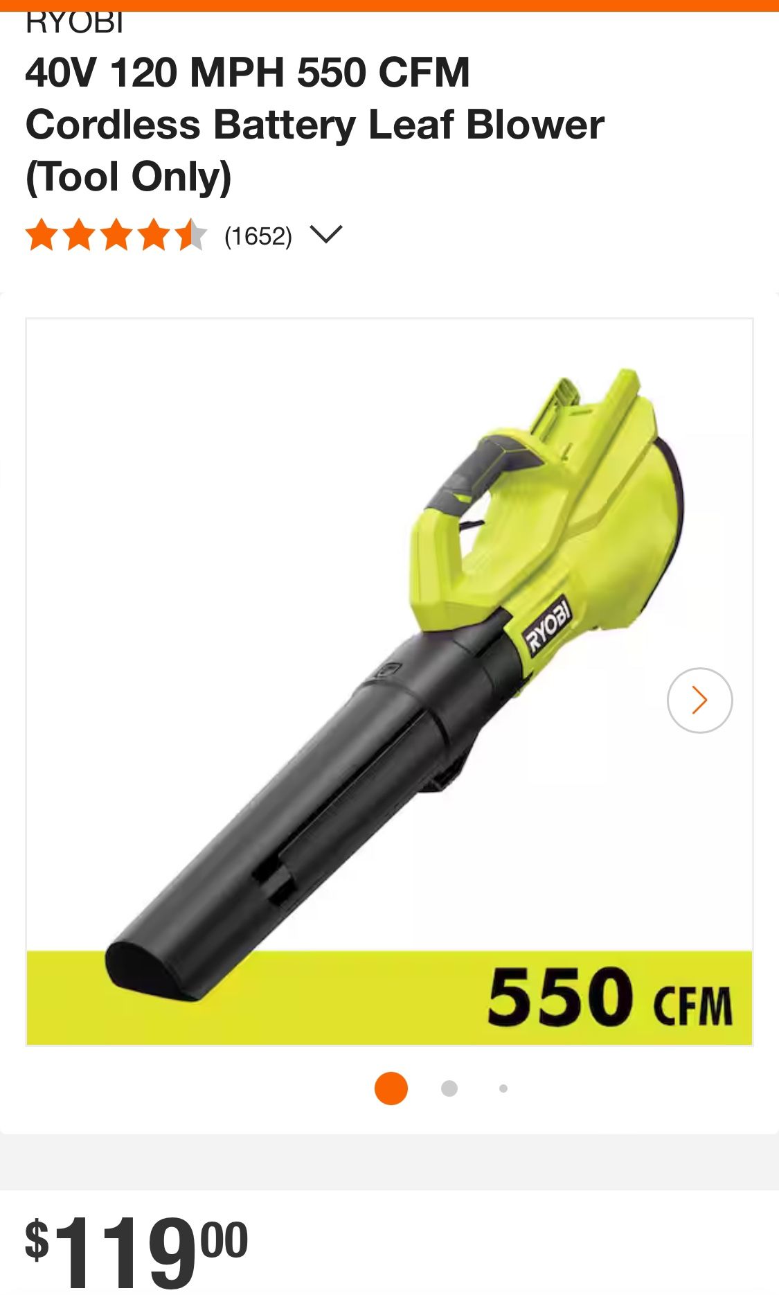 RYOBI 40V 120 MPH 550 CFM Cordless Battery Leaf Blower (Tool Only
