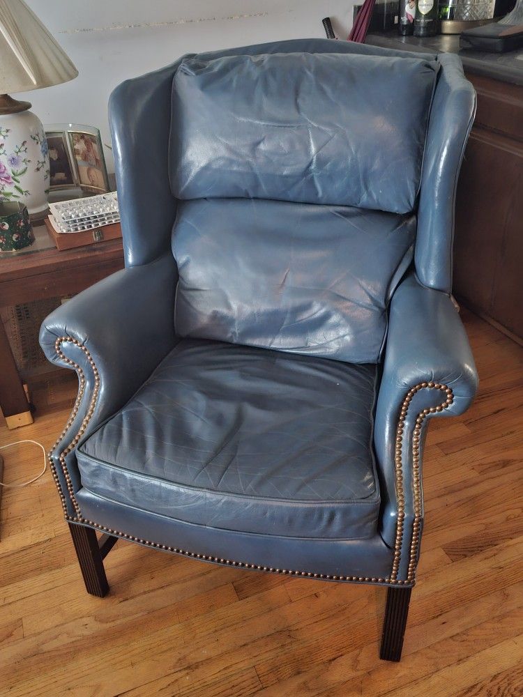 Royal Blue Leather Chair And Ottoman