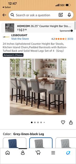 NEW Set of 4 Counter Height Bar Stools | Gray Upholstered | Modern Tufted