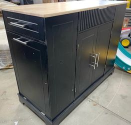 Newly Assembled Kitchen Island Cart w/ Trash Can Storage Cabinet Power Outlet Storage